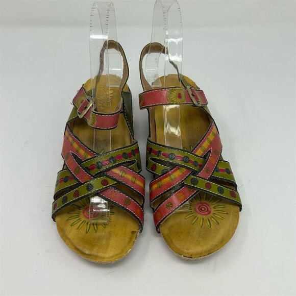 Spring Step L'Artiste Green and Pink Floral Strappy Slingback Sandals Size 38 - Picture 4 of 13